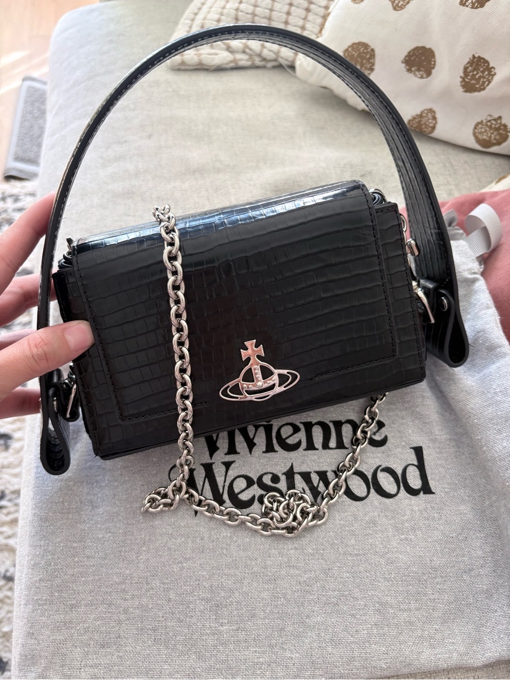 Vivienne Westwood Black Croc-Embossed Shoulder Bag with Silver Orb